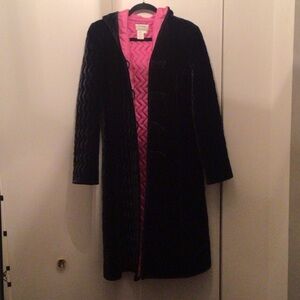 VINTAGE SILK HOODED COAT DARK BLUE PINK LINING, quilted velvet silk